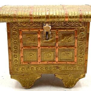 Vintage Teak Wood Indian Brass‎ Wooden Gold felt lined Jewelry Box